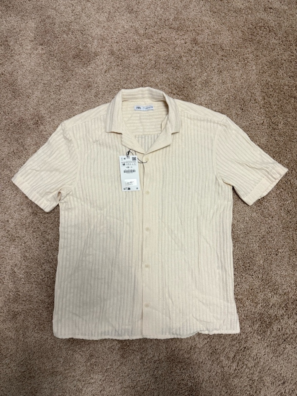 Zara Cream Textured Knitted Short Sleeve Button Up